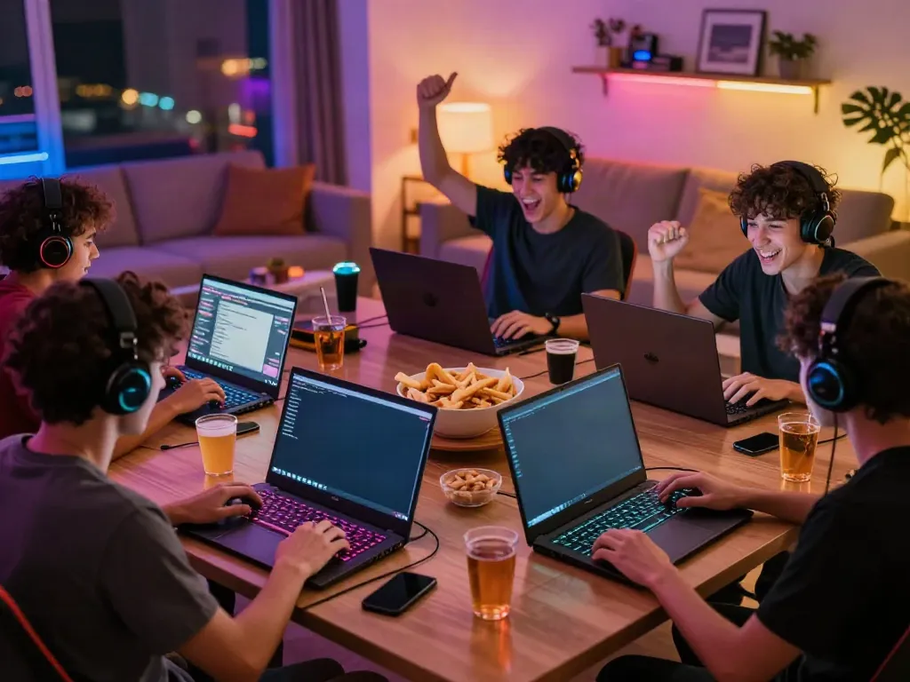Engaged players enjoying akunjp in a lively gaming environment with vibrant screens.