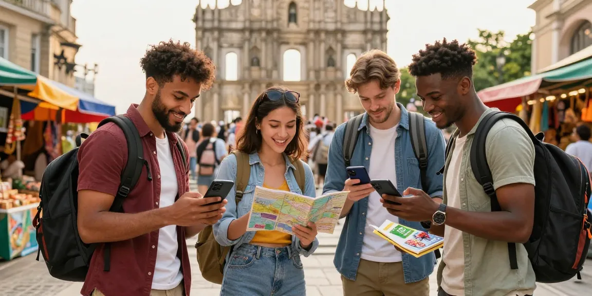 Group checking Купоны eSIM (Kupony eSIM) plans while exploring a city, with vibrant market in background.
