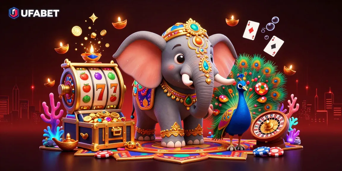 Bet on UFABET with a vibrant casino scene featuring dynamic slot machines, colorful gems, and exotic characters.