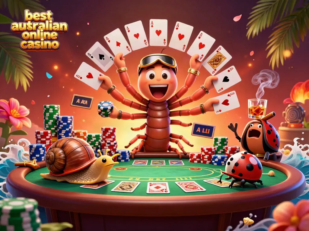 Engaging scene depicting the best australian online casino with a millipede dealer, giant chip stacks, and vibrant poker elements.