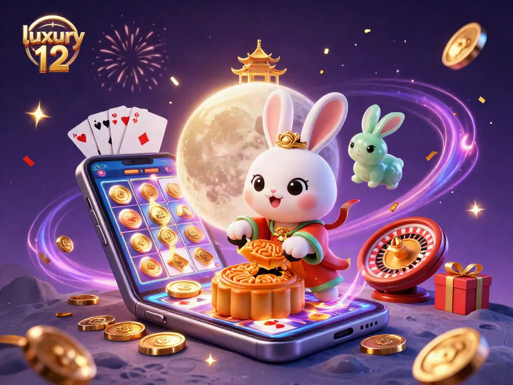 Memainkan slot di luxury 12 dengan koin emas dan kartu poker yang menyebar di sekitar kelinci bulan.