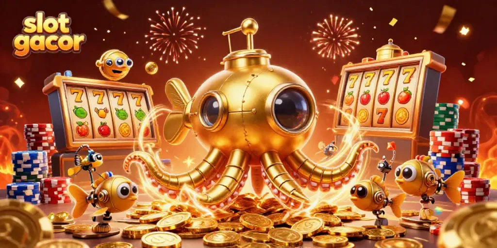 Engage with slot gacor action through exciting gameplay featuring a kraken submarine in a treasure of gold coins.