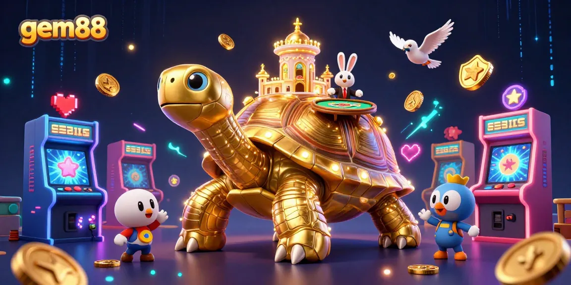 Experience gem88 with an engaging 3D casino scene featuring a golden tortoise and vibrant game elements.