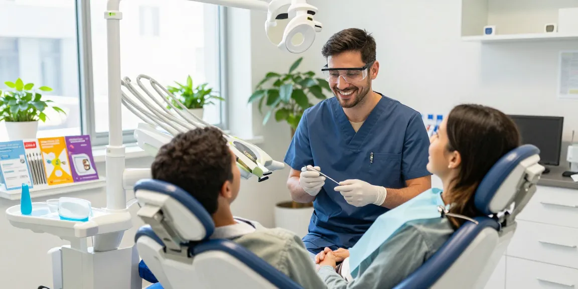 View it now: A welcoming dental clinic scene showing a dentist aiding a patient, emphasizing comfort and care.