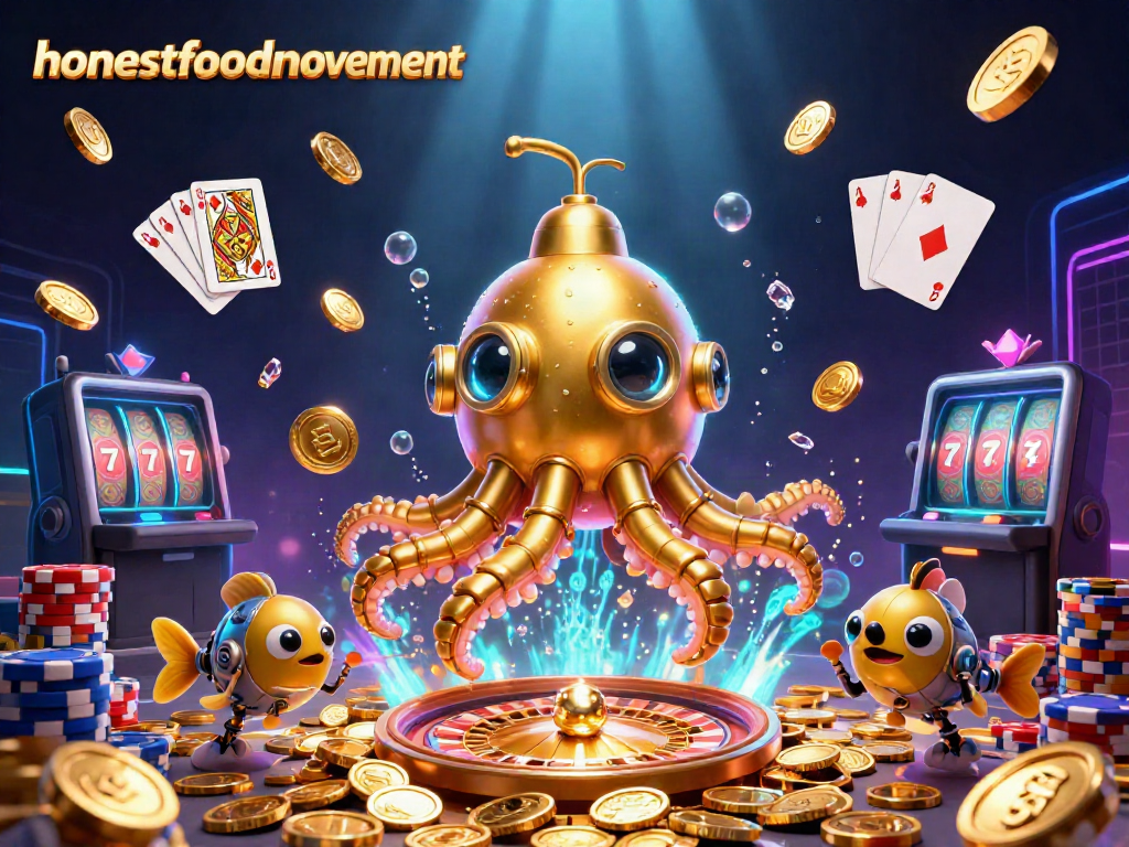 Experience the honestfoodmovement with a vibrant underwater scene filled with casino elements and golden treasures.