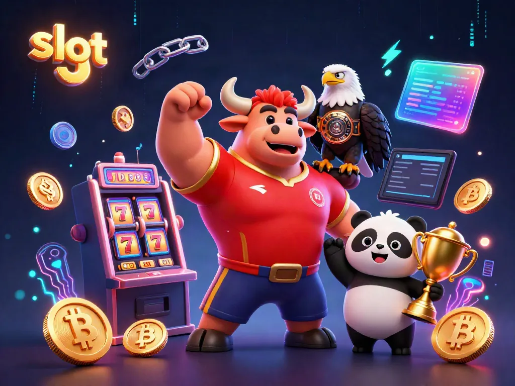 Experience the excitement of slot machines with a victorious bull mascot and joyful panda showcasing a jackpot scene.