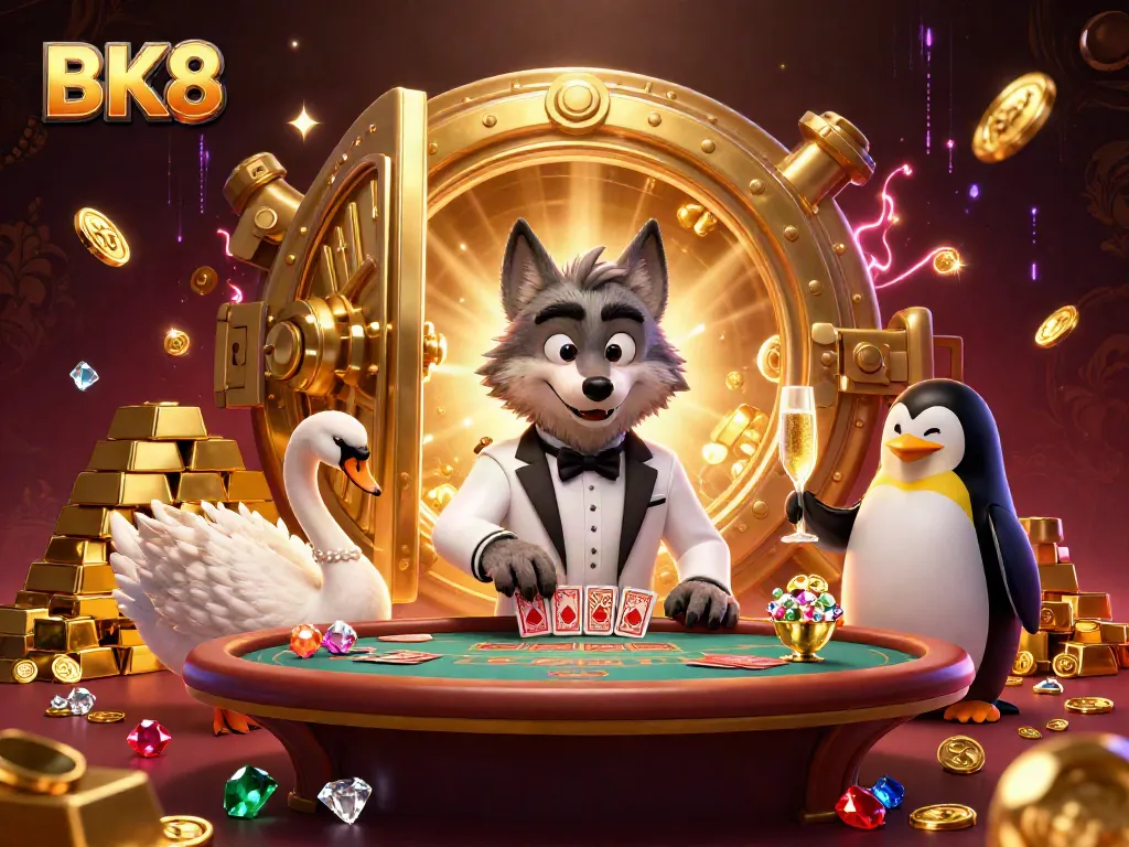 Engage in thrilling baccarat gameplay at BK8 with a suave wolf, elegant swan, and sophisticated penguin presenting magic.
