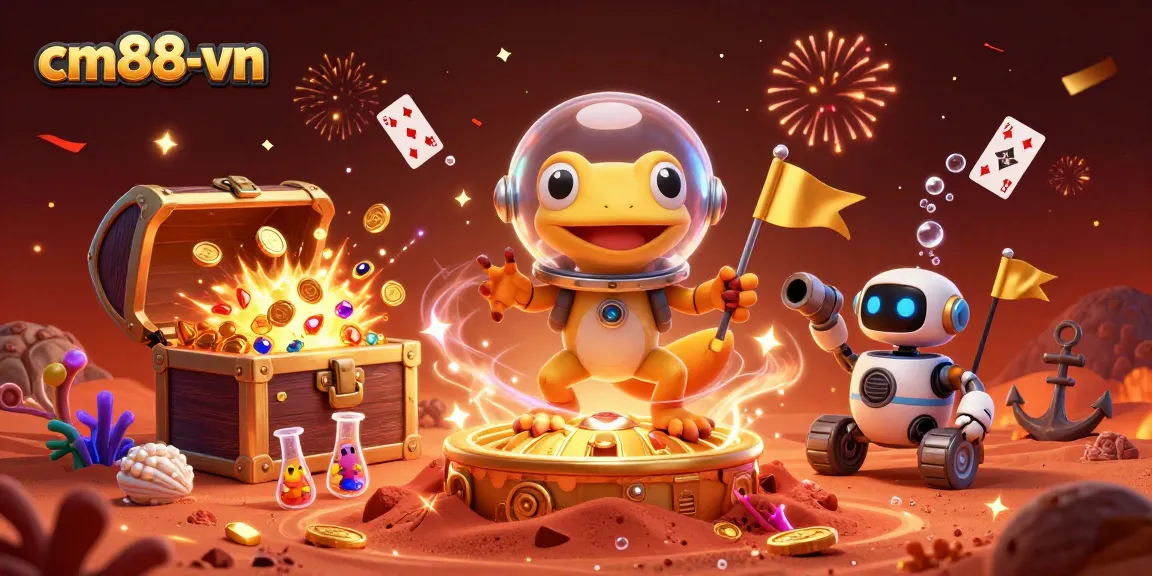 Experience the thrilling world of cm88-vn as a Martian gecko uncovers a hidden casino, surrounded by vibrant game elements.