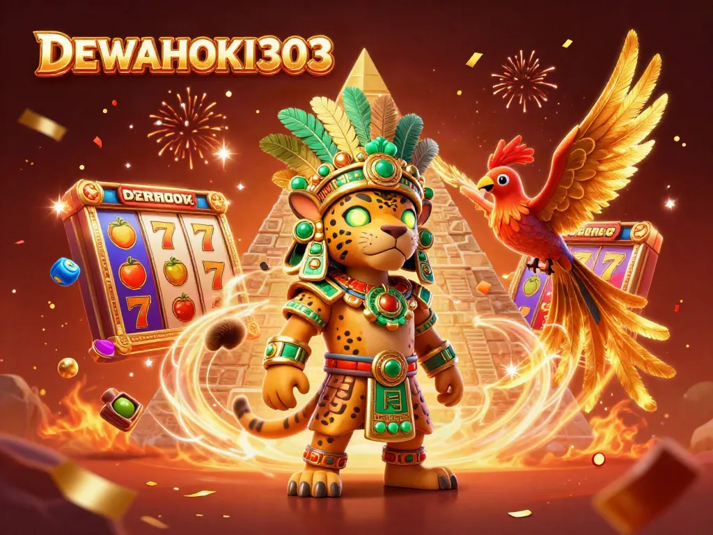 DEWAHOKI303 slot jackpot berkilauan dengan karakter jaguar Maya dan burung quetzal di kasino.