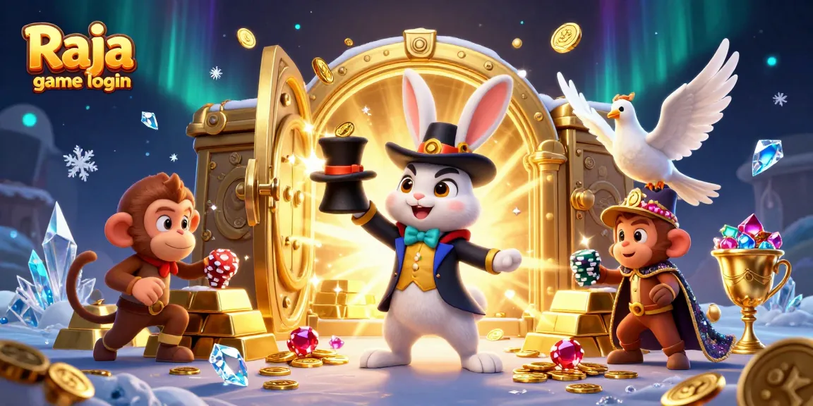 Join the excitement with Raja game login, featuring a whimsical magician rabbit and casino-themed elements.