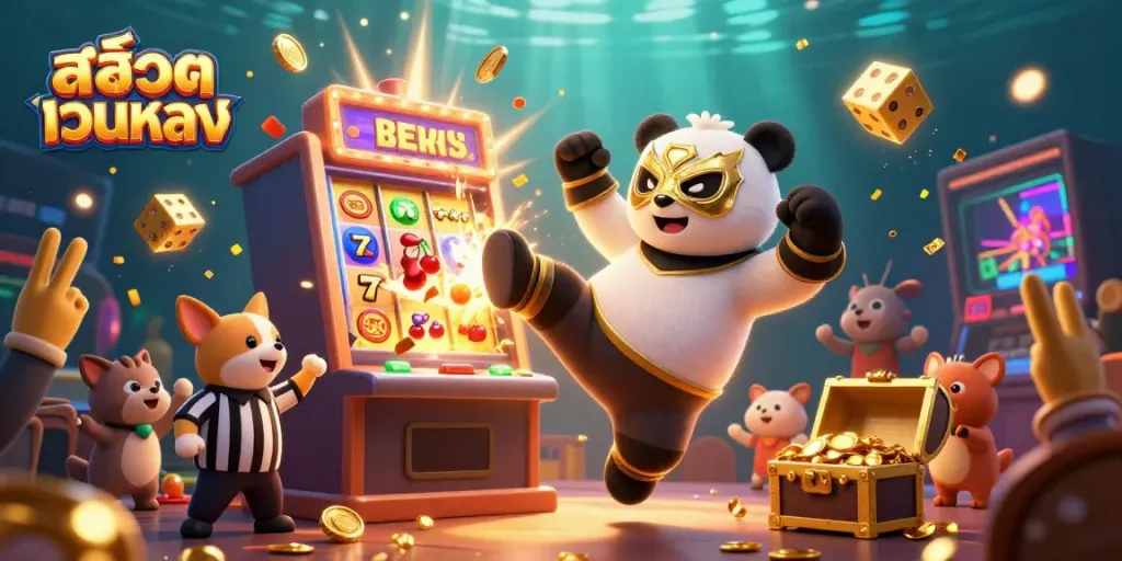 Engage with the exciting world of สล็อตเว็บตรง with a vibrant 3D scene featuring slot machines, an animated panda wrestler, and a cheering crowd.