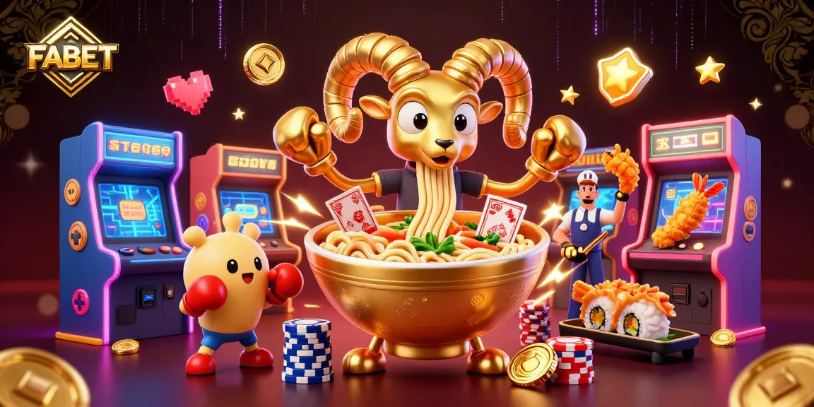Engage with FABET's vibrant casino scene featuring a golden ramen bowl and sushi dealer in action.