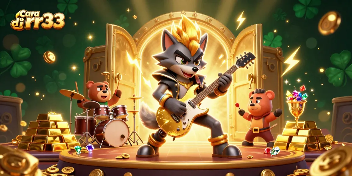 Engage with cara daftar di rr33 through vibrant casino-themed 3D illustration showcasing rock star characters and dynamic elements.