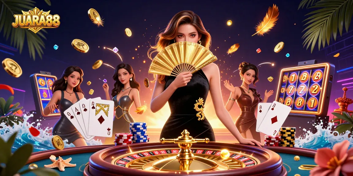 Engage with JUARA88 in a dazzling casino scene with golden coins, roulette, and vibrant poker chips.