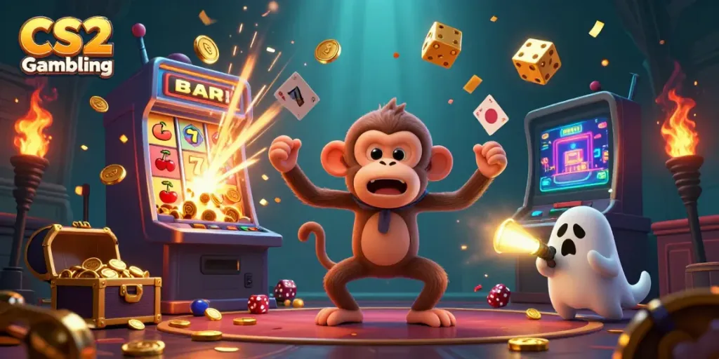Engage in the excitement of CS2 Gambling with a playful poltergeist monkey and ghost-hunter puppy in a haunted casino.
