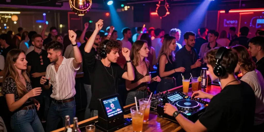 Experience the excitement of Lithuanian nightlife at KurPramogauti nightclubs with lively dancing and vibrant colors.