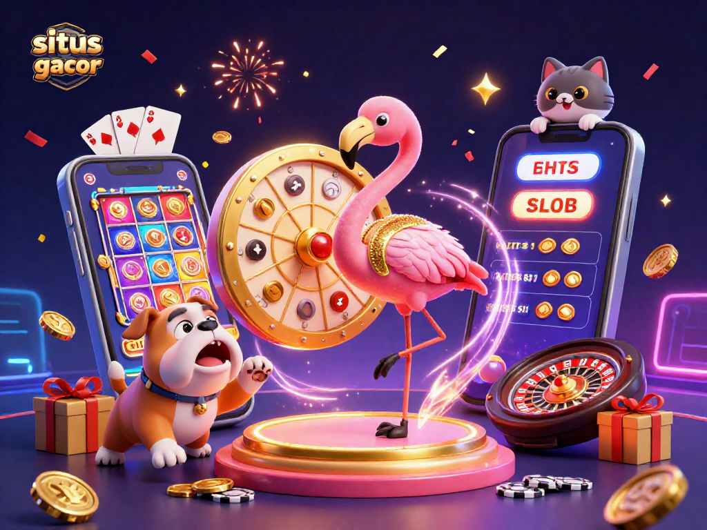 Engage with situs slot gacor in this exciting illustration featuring a game show host and thrilling casino elements.