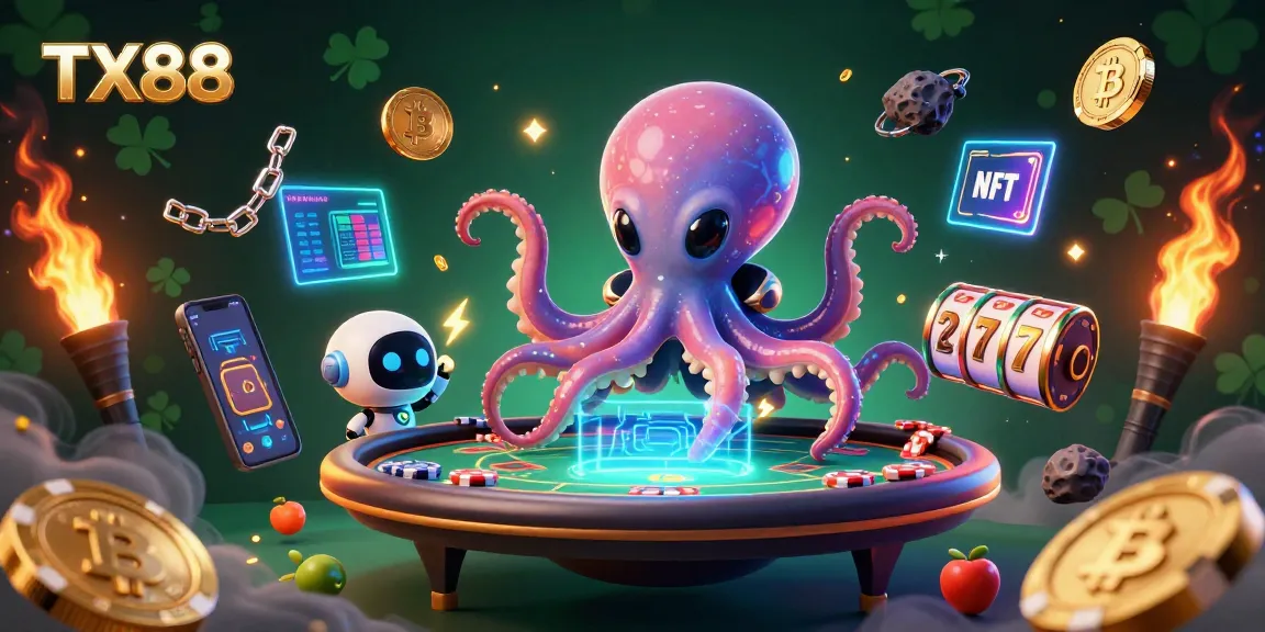 Engage with TX88 through a dynamic 3D casino scene featuring an alien octopus and exciting gaming elements.