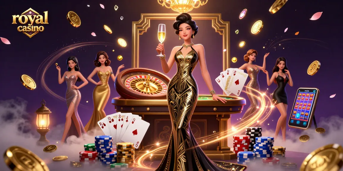 Royal casino scene illustrating an elegant Asian woman with gaming elements and vibrant colors.