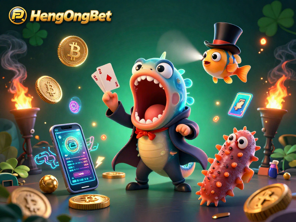 Engage with HengOngBet through a vibrant 3D illustration reflecting cryptocurrency gaming elements.