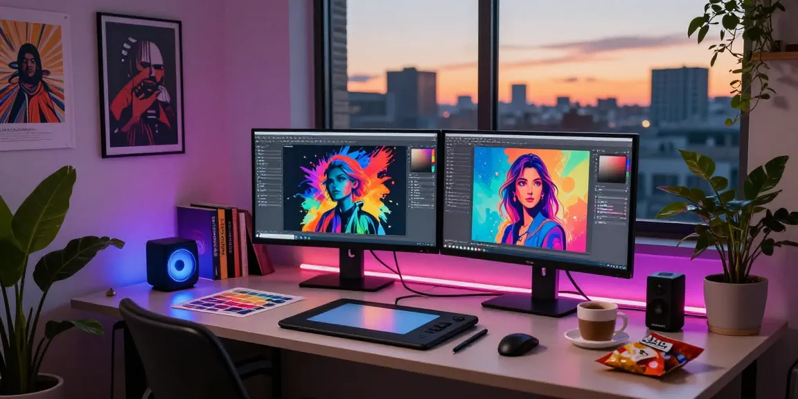 Vibrant digital art studio showcasing the creative process of ai nsfw artwork generation at dusk.
