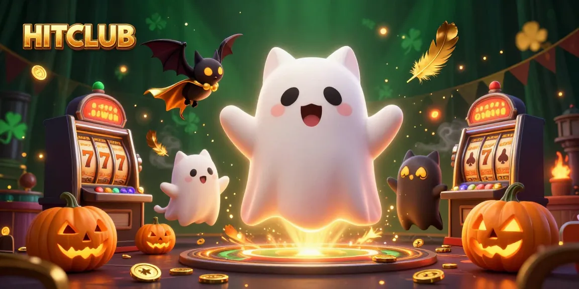Join HITCLUB in a vibrant haunted casino scene with ghostly friends and exciting gaming elements!