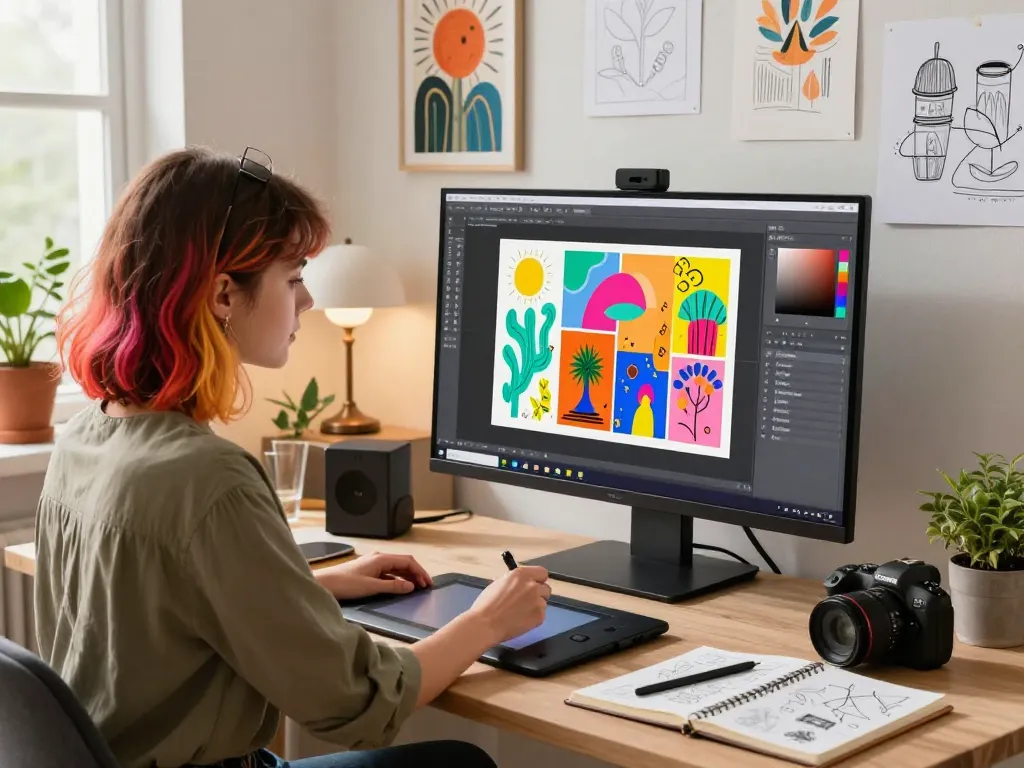 Creative workspace featuring a young woman using the Nano Banana 2 AI editor with artistic tools and vibrant visuals.