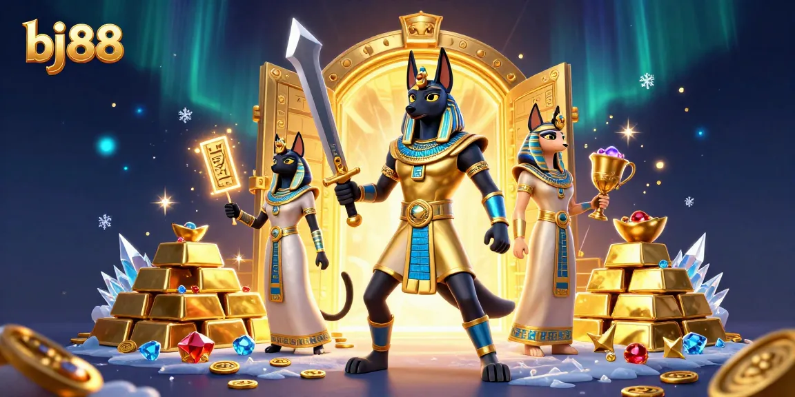 Experience thrilling moments with bj 88's 3D ancient gambling adventure featuring Anubis and treasure!
