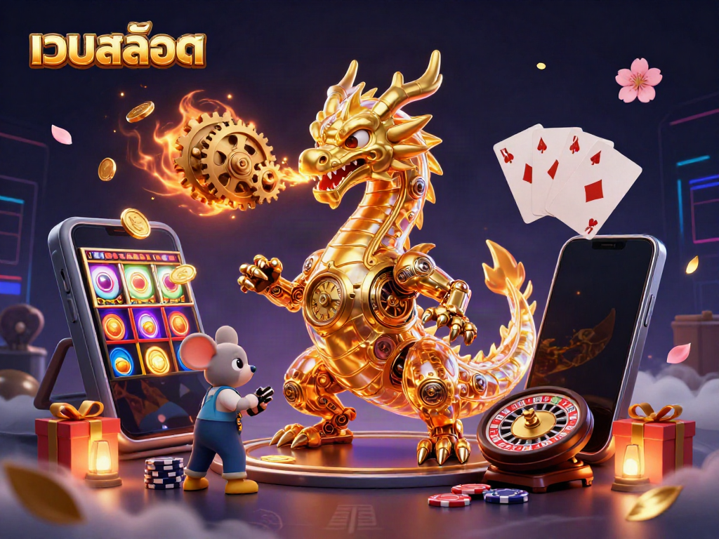 Explore the enchanting world of เว็บสล็อต with a golden dragon, vibrant slot games, and mystical elements.