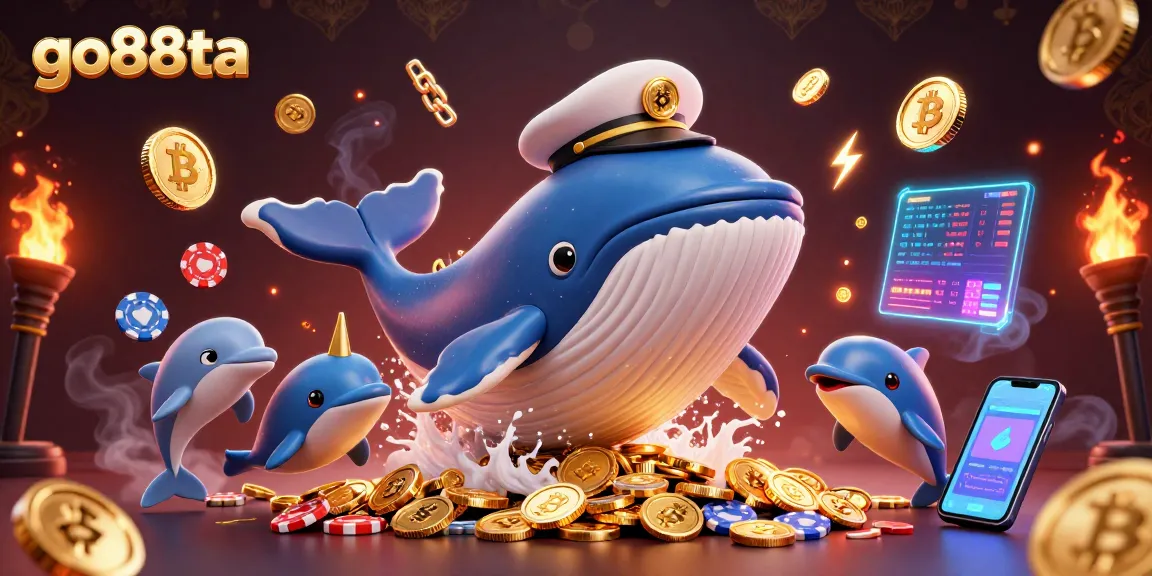 Engage with go88ta's vibrant casino gaming scene featuring a 3D whale and crypto elements.