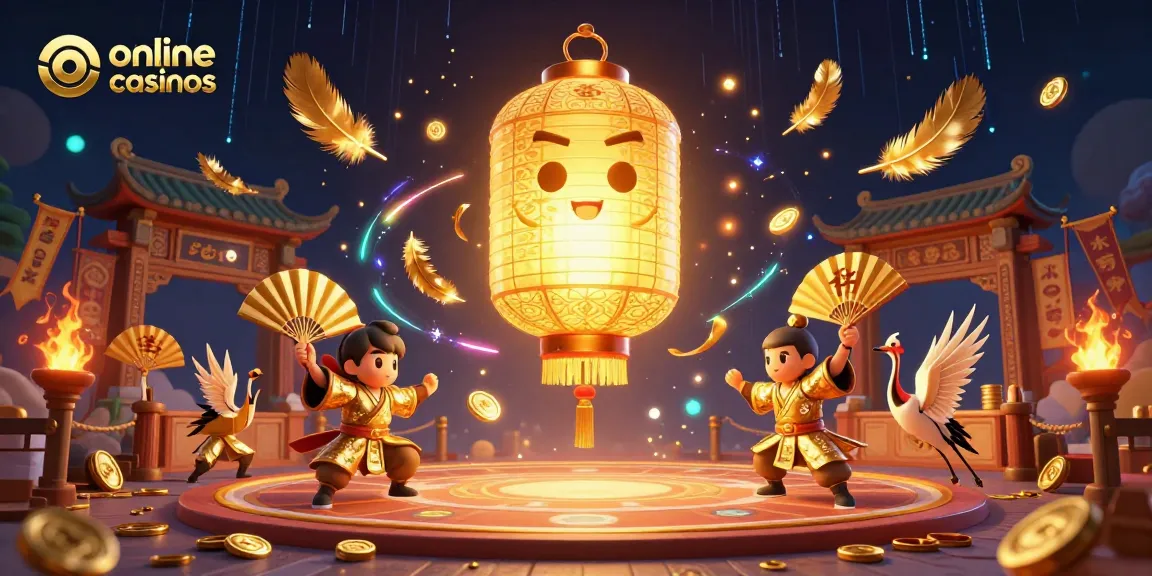 Experience the excitement of online casinos with our dynamic 3D illustration of a lantern spirit, fan warriors, and lucky symbols.
