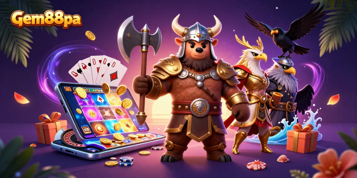 Experience thrilling gaming at gem88pa with Viking and Valkyrie in a vibrant casino scene.