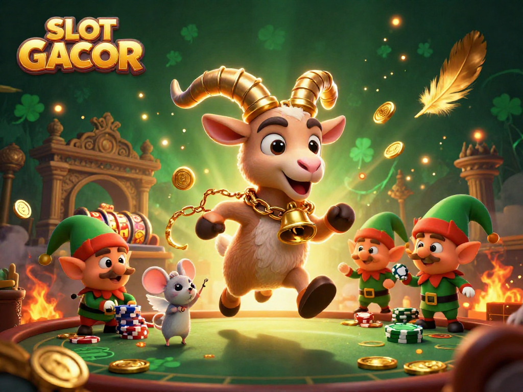 SLOT GACOR cartoon scene with charismatic characters in a festive casino setting featuring slot reels and poker chips.