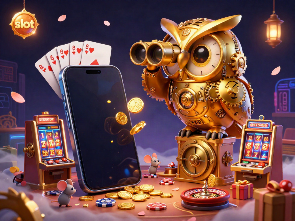 Experience thrilling slot action as the owl observes tiny mice playing on vibrant machines, with golden coins spilling from a smartphone.