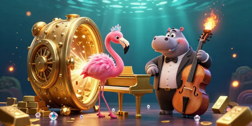 parsbet ile canlı müzik performansı yapan flamingo ve hipopotam, altın paralarla dolu atmosfer.