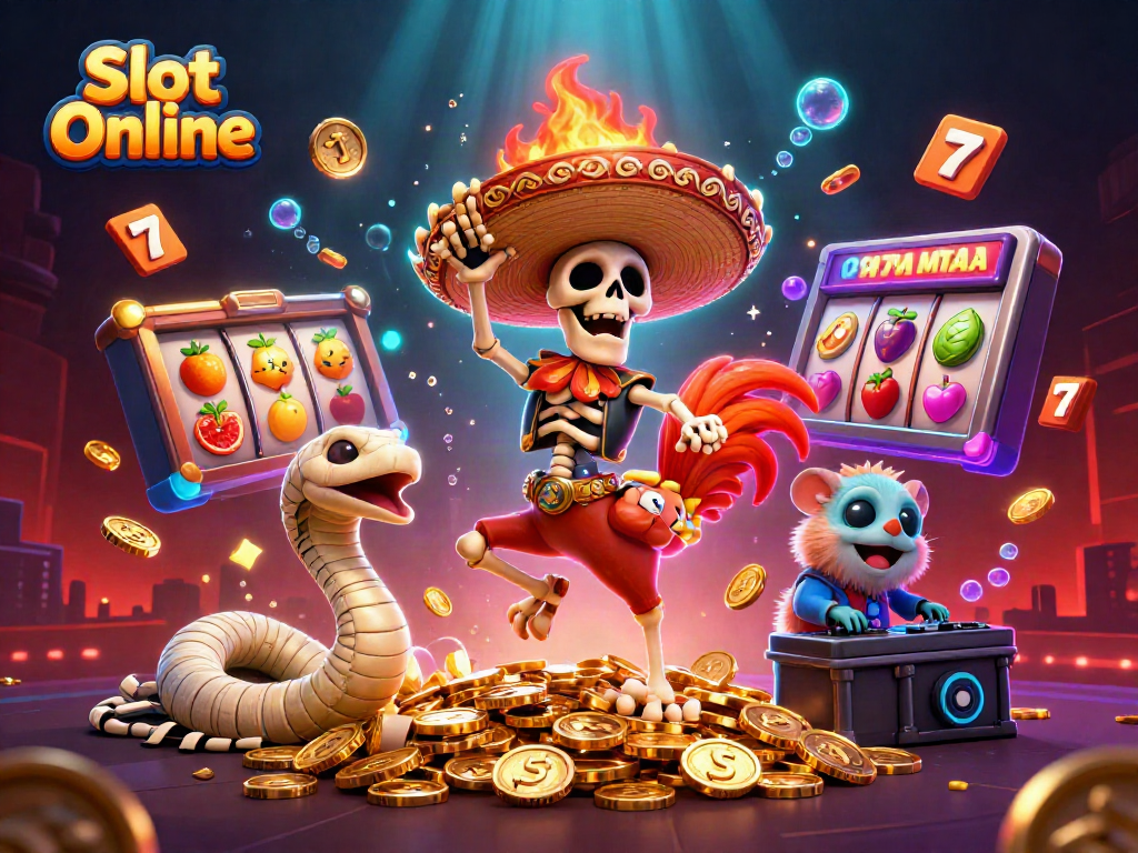 Slot Online melibatkan kerangka kartun mariachi merayakan kemenangan di tumpukan koin emas.