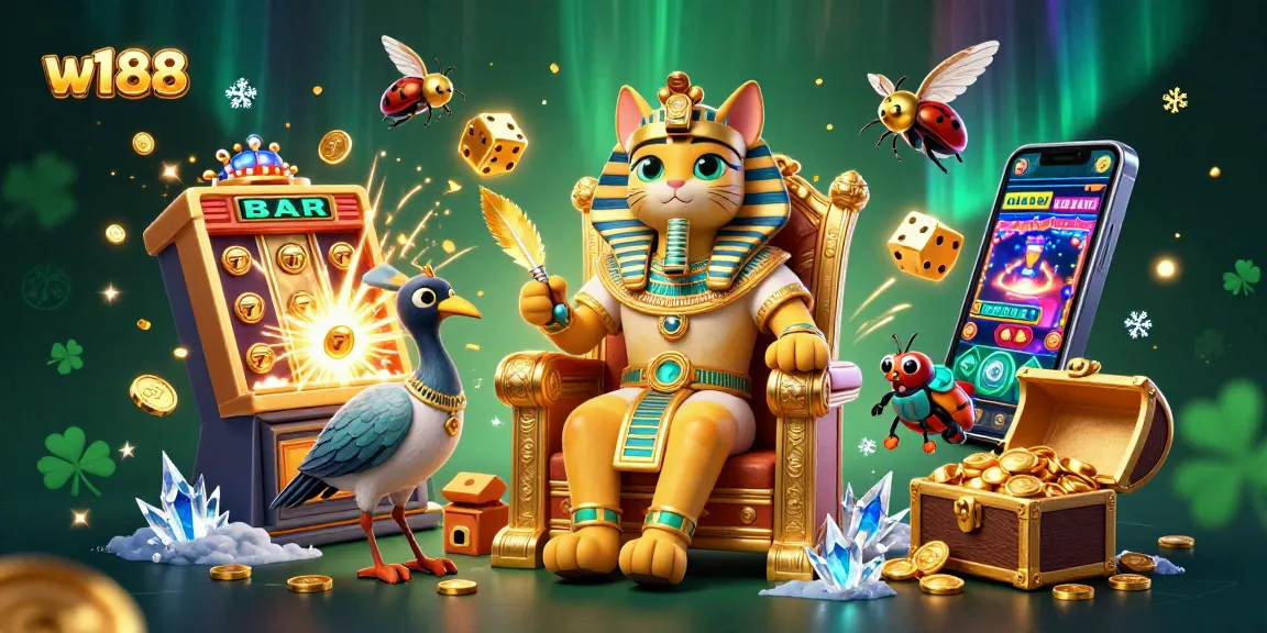w188 players enjoying an exciting slot jackpot experience with a cartoon pharaoh cat and lively casino elements.