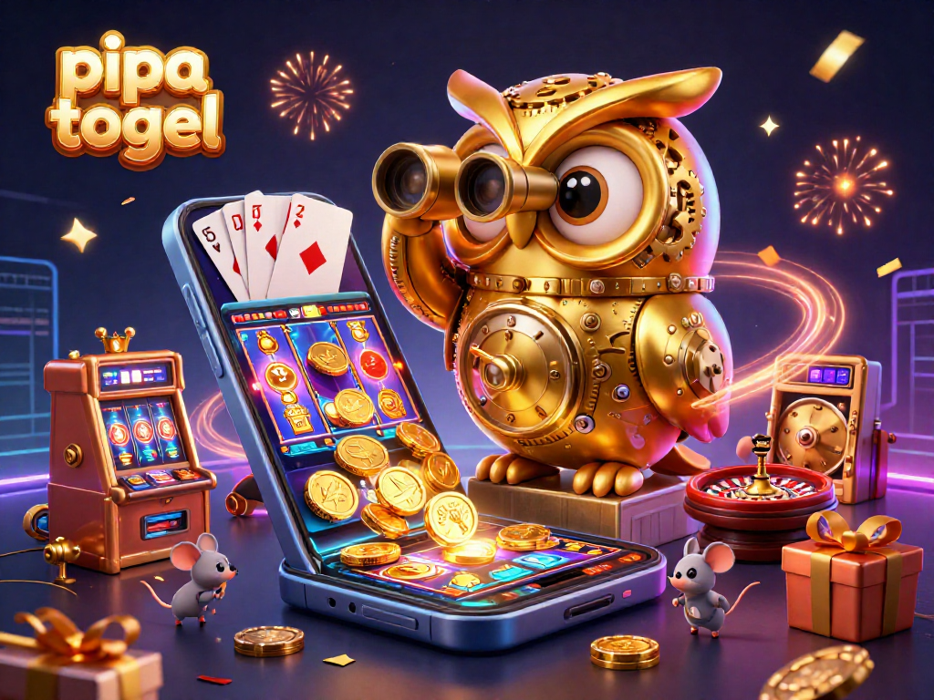Engage with pipa togel strategies amidst a vibrant casino scene featuring a golden owl and animated gaming elements.