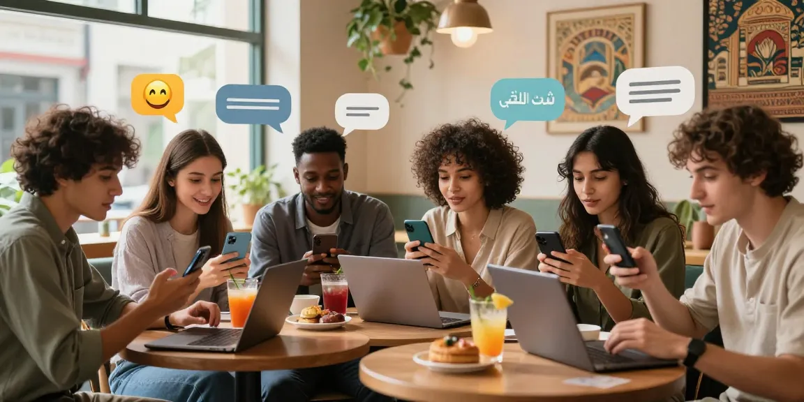 Engaged friends in a café discussing شات الخليج, showcasing lively digital conversations.