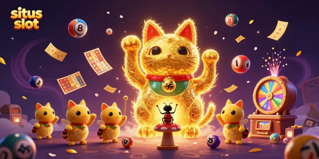 Menghadirkan situs slot dengan gremet cahaya emas dan simbol keberuntungan dalam ilustrasi 3D