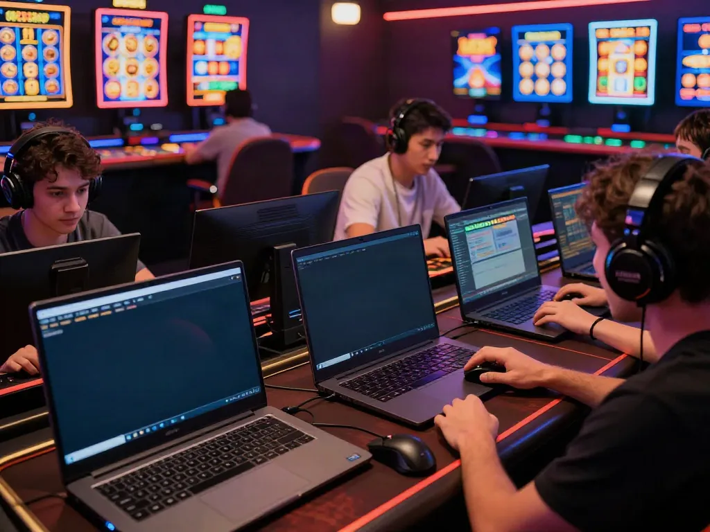A80 online casino players enjoying interactive gaming experience on laptops and smartphones in a vibrant environment.