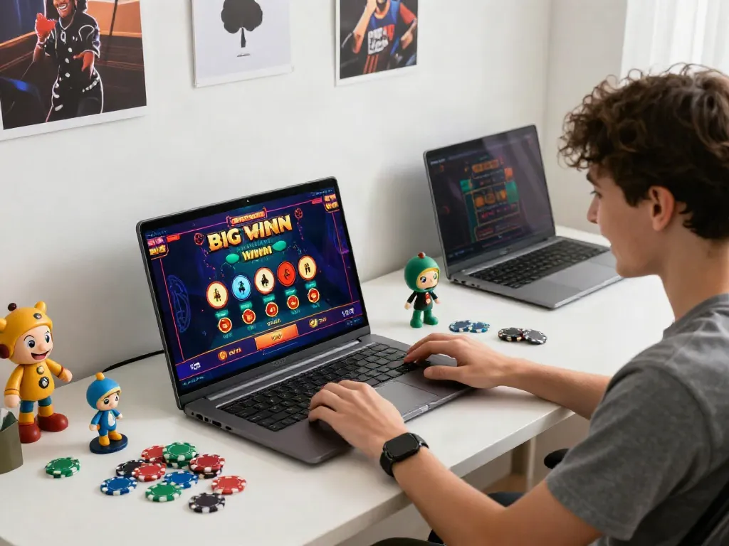 Exciting online gambling experience with akunjp celebrating a win at home.