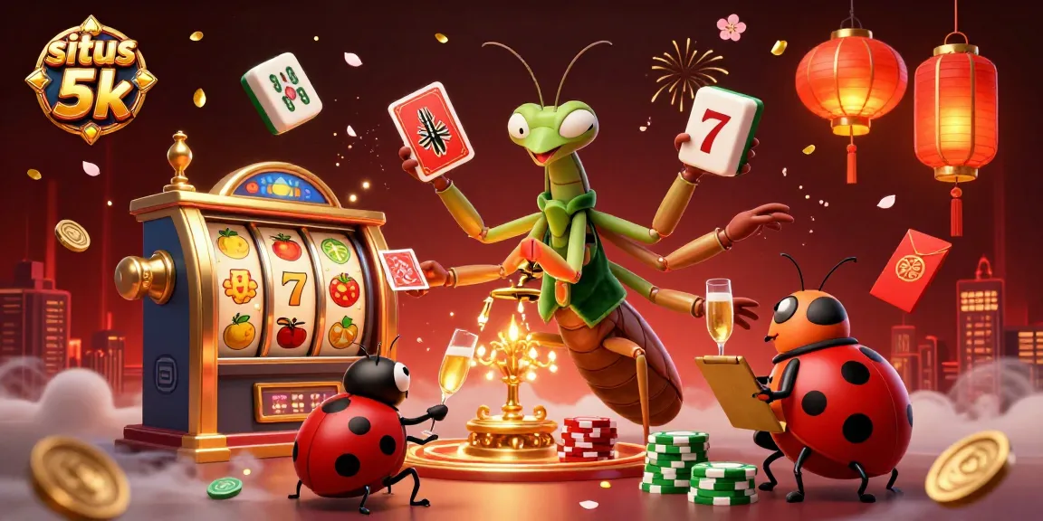 Situs 5k showcases an exciting scene of gambling action with a praying mantis card sharp and ladybug pit boss in a vibrant casino.