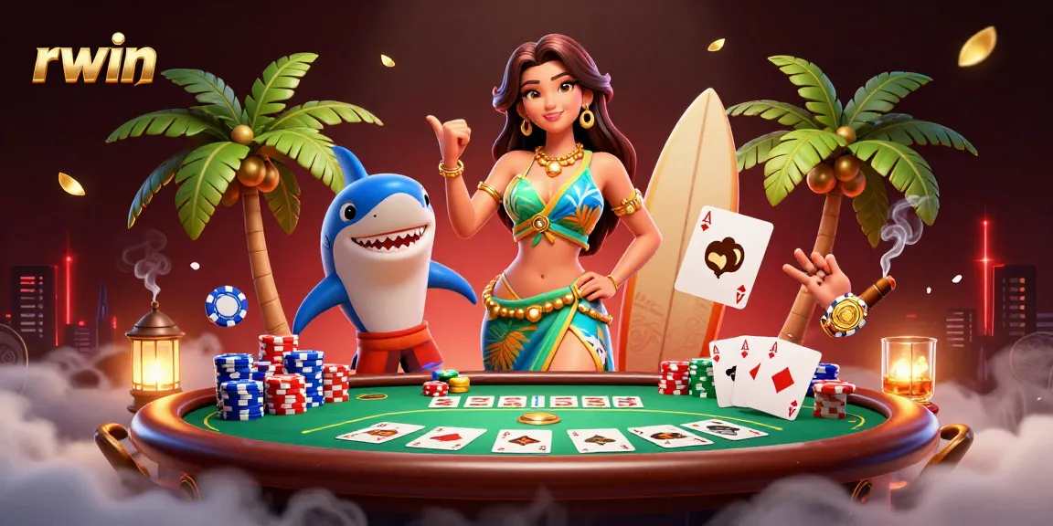rwin showcases a vibrant casino scene with a glamorous woman and a cheerful shark, emphasizing energetic vibes