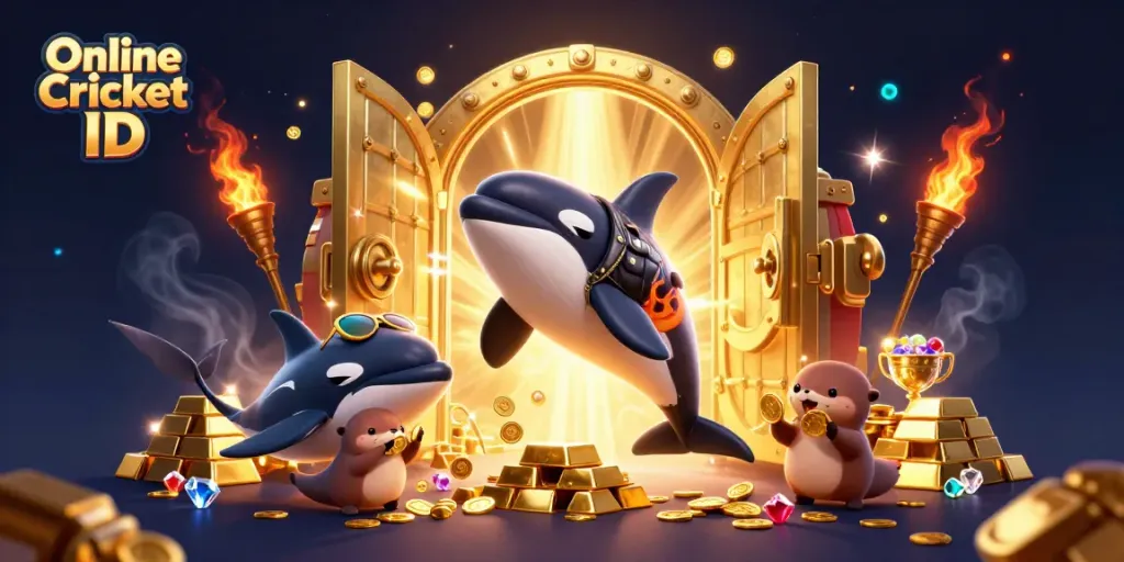 Experience thrilling Online Cricket ID adventures with an orca, stingray, and otters amid treasures.