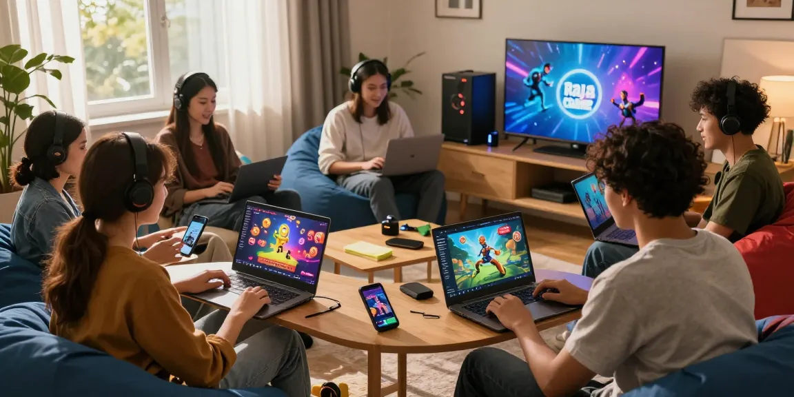 Raja Game login scene with gamers excitedly accessing the platform on various devices in a cozy living room.