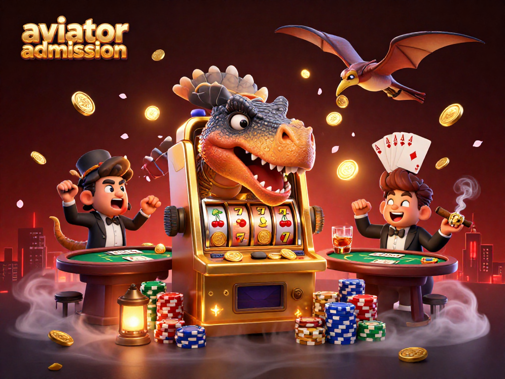 Aviator admission showcases an exciting casino scene with three dynamic dinosaurs interacting with gaming elements.