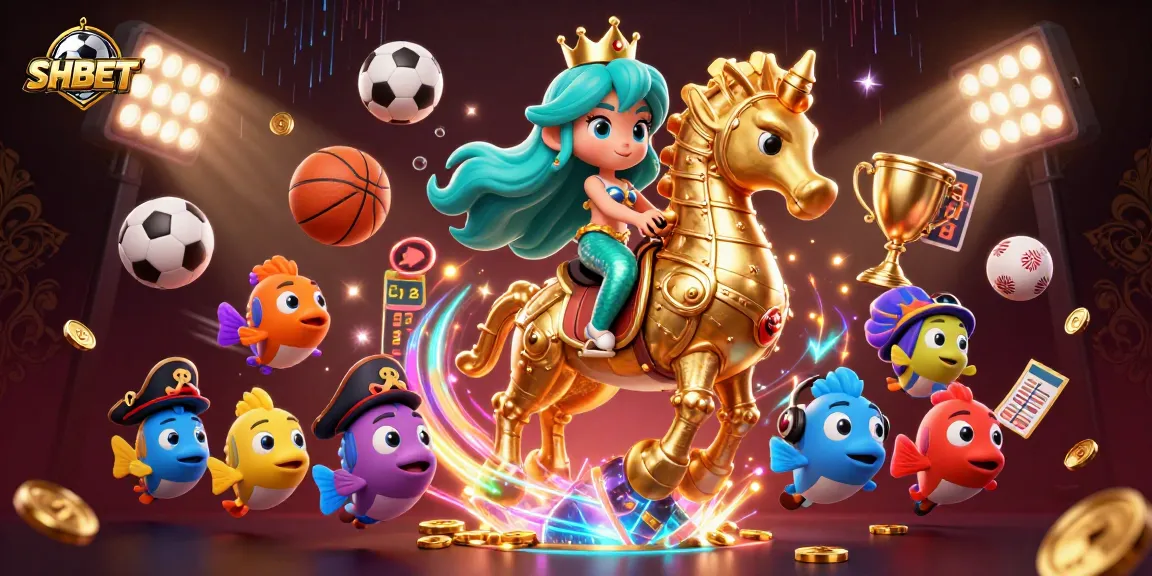 Join SHBET for thrilling sports betting fun with a mermaid princess and seahorse, surrounded by dynamic game elements.