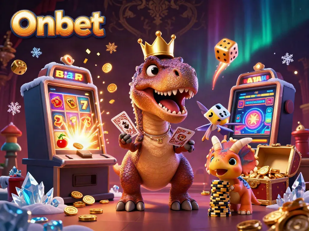 Experience exciting gameplay at Onbet with a T-Rex shuffling cards and a treasure trove of casino elements.