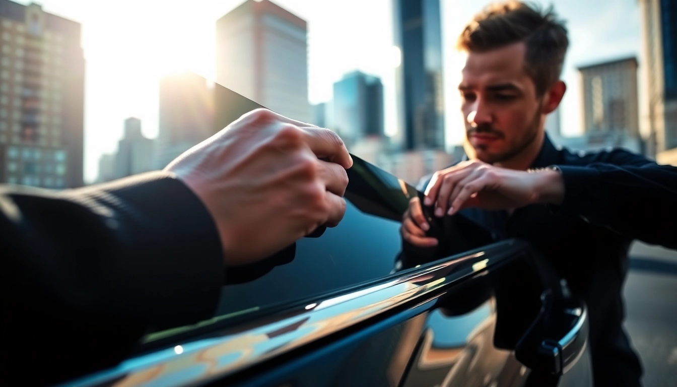 Enhance your vehicle with window tinting Cleveland TN while a technician expertly applies film in a city backdrop.